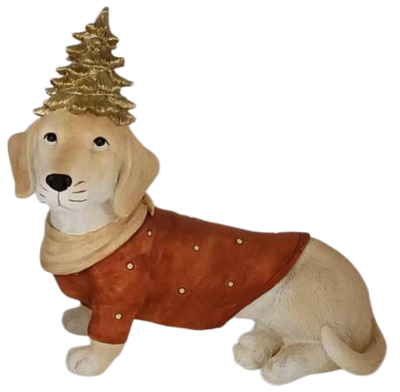 Hond met kerstboom op de hoofd