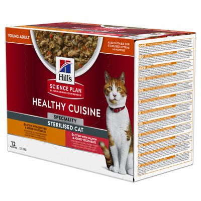 Natvoer voor katten hill's science plan healthy cuisine sterilised cat adult stoofpotje met kip en toegevoegde groenten, met zalm en toegevoegde groenten multipack 12x80g