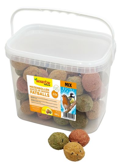 Mezenbollen mix 3 smaken 60 st in vierkant emmer zonder net voor vrije natuurvogels
