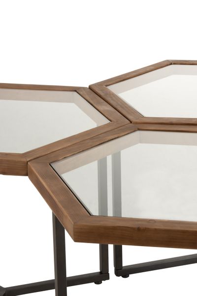 Table d'appoint hexagone verre/bois marron