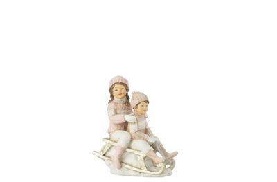 Meisje+jongen op slee w/roze (14x7.5x20.5cm)