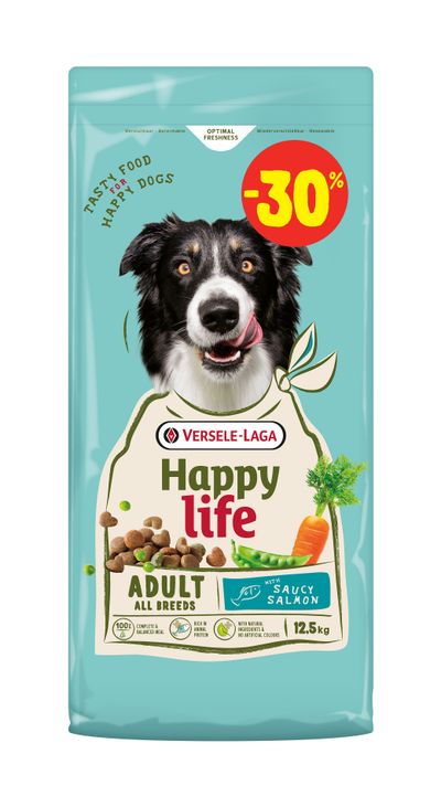 Hondenbrokken happy life adult salmon promo 12,5kg waarvan 3,75kg gratis