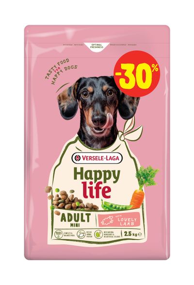 Hondenbrokken happy life adult mini lamb promo 2,5kg waarvan 750g gratis