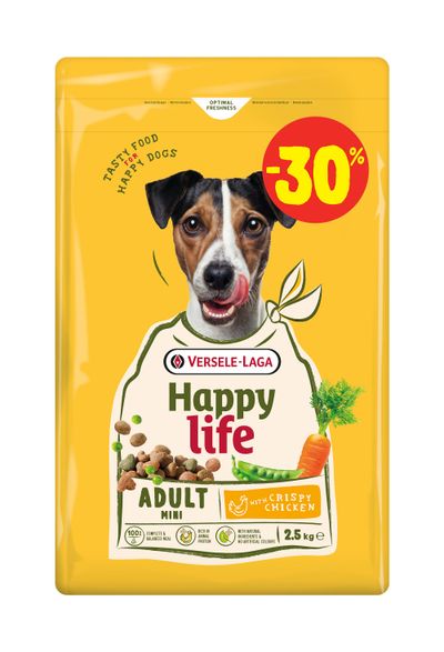 Hondenbrokken happy life adult mini chicken promo 2,5kg waarvan 750g gratis