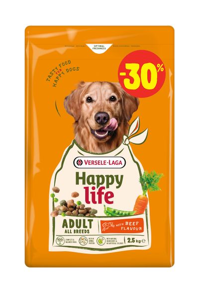 Hondenbrokken happy life adult with beef flavour promo 2,5kg waarvan 750g gratis