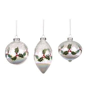 Boules en verre motif houx/baies écrasés