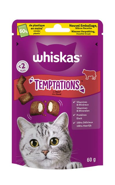 Snacks voor katten |whiskas temptations rund 60g