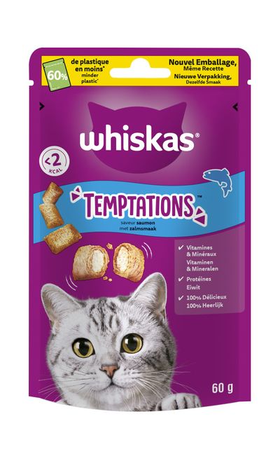 Snacks voor katten |whiskas temptations zalm 60g