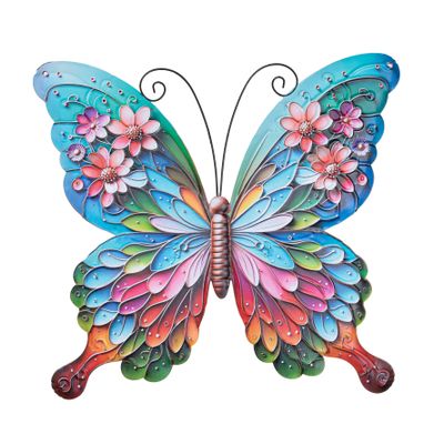 Vlinder met bloemen wand decoratie 29,5x32,5cm