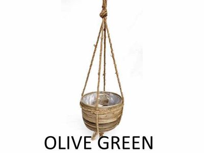 panier suspendu rayé avec corde d40h30cm - vert olive