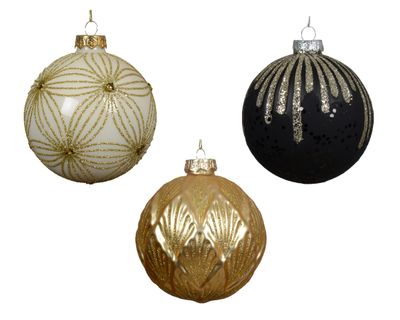 Kerstbal glaswolwit,goud en zwart 10cm