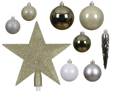 Kerstbal kunststof mix 8cm groen, zilver, wit