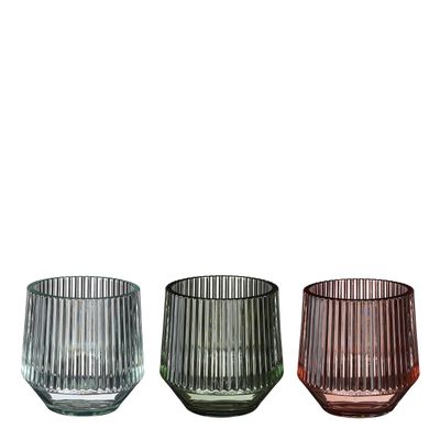 Theelicht houder glas groen roze 3 assorti - h8xd8cm