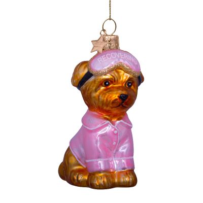 Ornament glass dog w/pink pajamas and sleeping mask h8.5cm