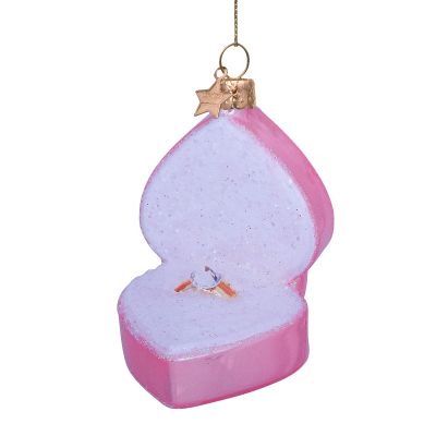 Ornament glass soft pink heart box w/wedding ring h9cm