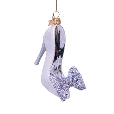 Ornament glass silver high heel shoe w/bow h10cm