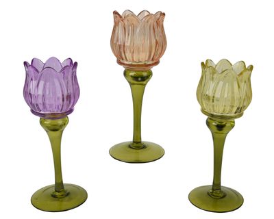 Theelichthouder glas dia7.50-h22.50cm assortie