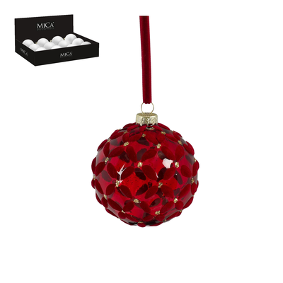 Bal glas bloemen rood d8cm